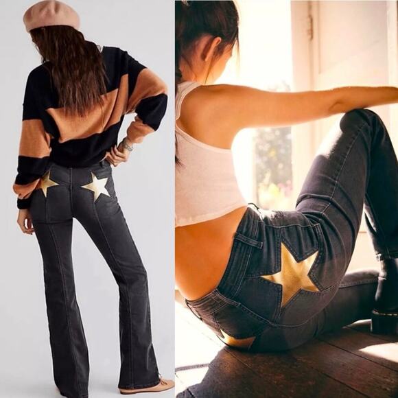 We The Free Firecracker Flare Jeans Black Gold Star Detail Size 24 NWT $168 - Picture 1 of 9